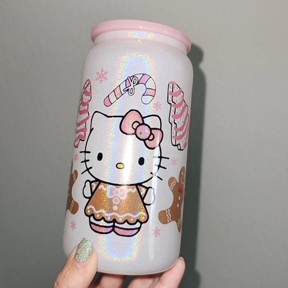 Hello Kitty Gingerbread Candy Canes Christmas Tree Cakes 16oz Shimmer Glass Cup - Picture 1 of 1